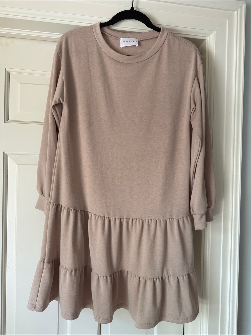 French Grey Tiered Long Sleeve Dress in Beige
